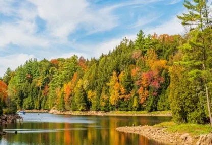 Big Hawk Lake in Ontario Canada in the autumn showing scenic landscape view of lake and forest